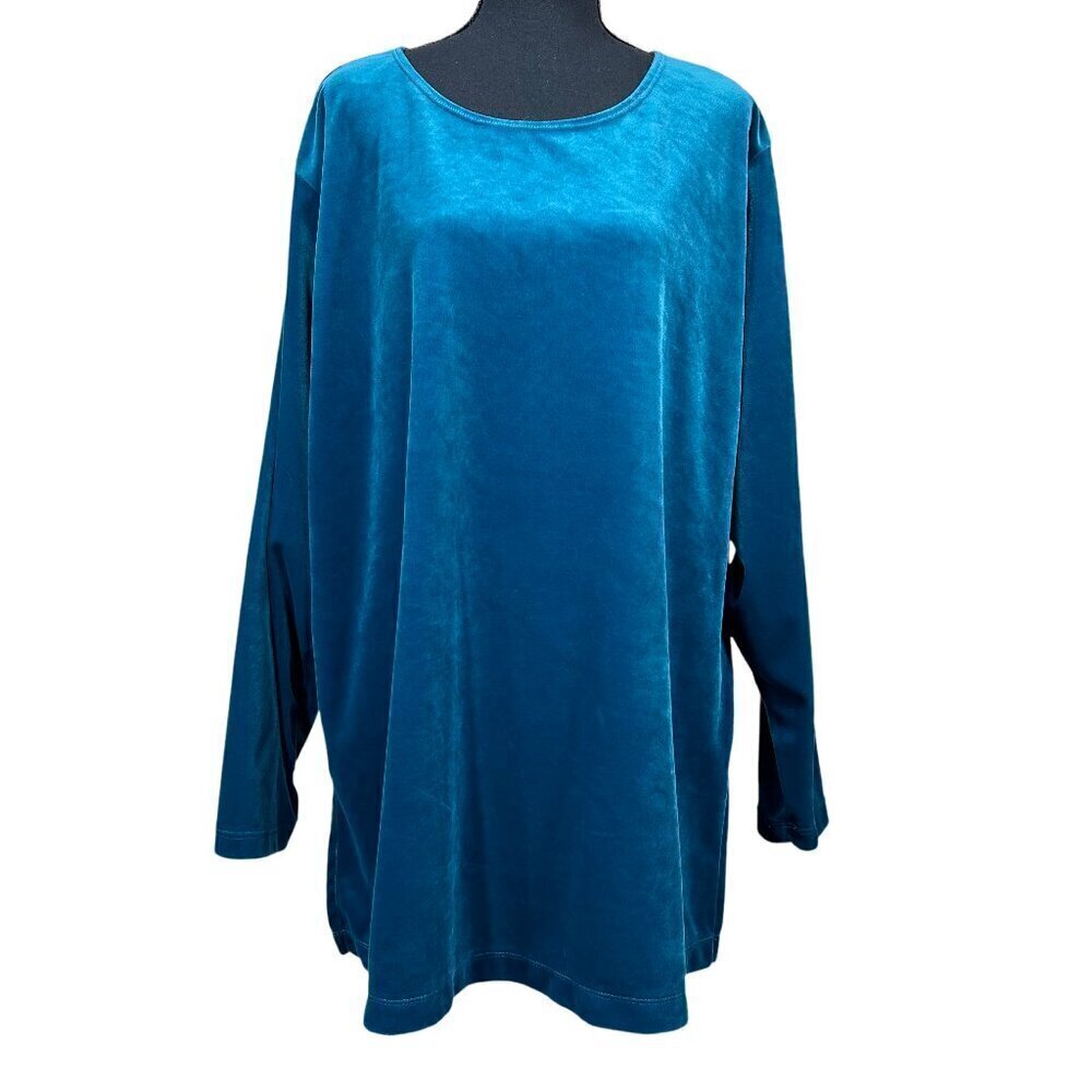 Liz Baker Essentials Teal Blue Velvet Long Sleeve Round Neck Top Size 3X
